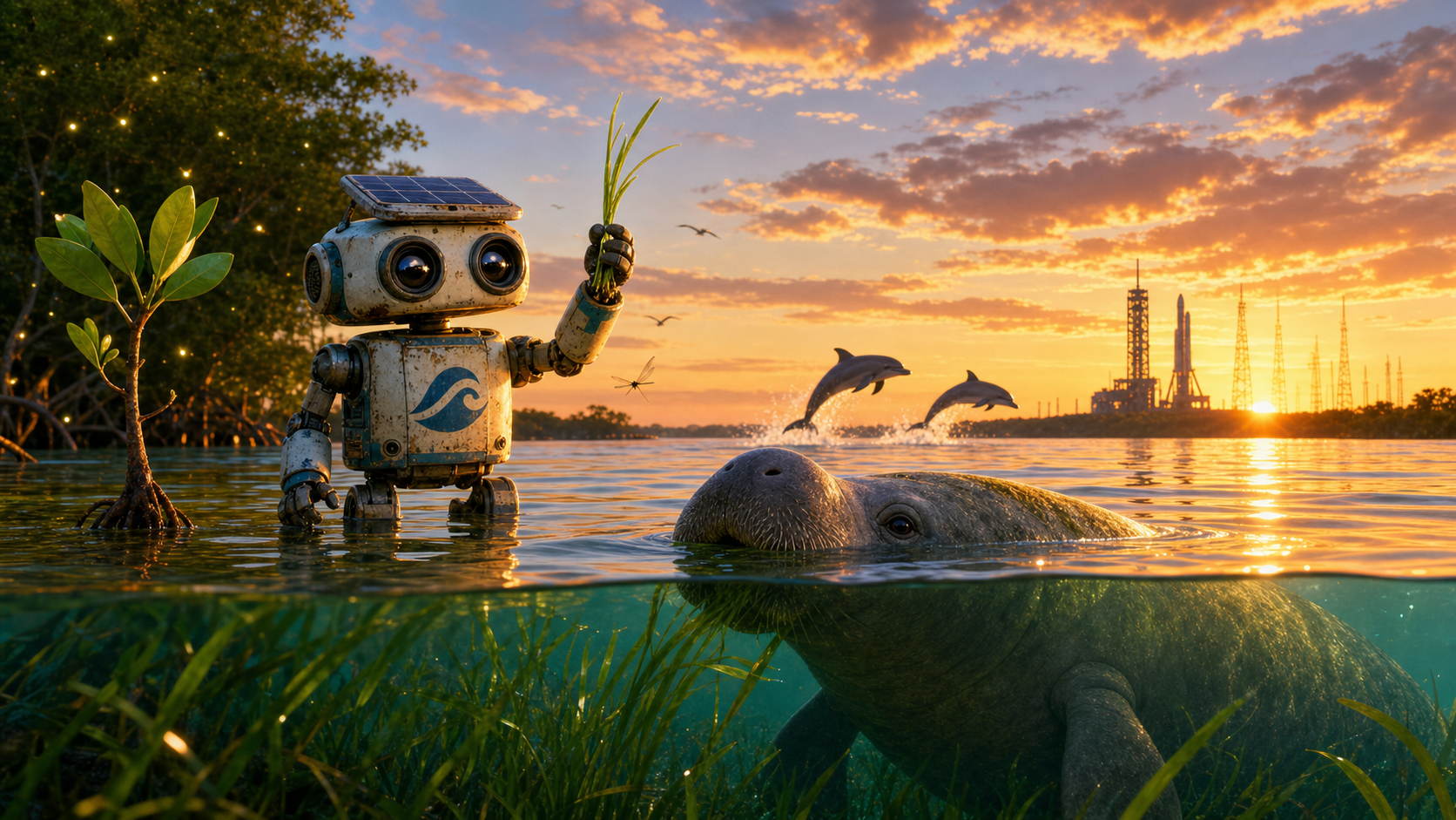 AI-generated concept illustration of a speculative recovered future for the Indian River Lagoon: the same weathered cleanup robot standing in clear water holding up a fresh seagrass shoot, a manatee grazing on a green seagrass meadow visible above and below the waterline, two dolphins arcing in the mid-distance, a young mangrove sapling taking root, and Cape Canaveral rocket gantries silhouetted against a rich sunset sky with fireflies in the mangroves. Not a photograph, not a prediction, not a real place.