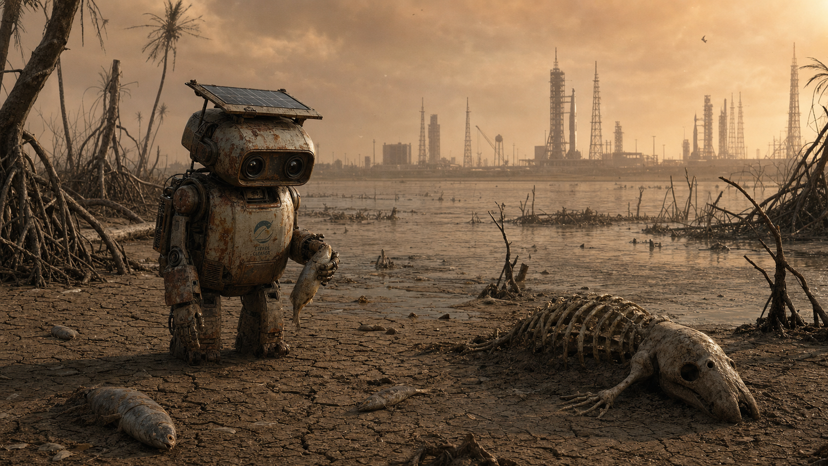 AI-generated concept illustration of a speculative dead future for the Indian River Lagoon: opaque brown water dried to cracked mud, dead mangroves as bare skeletons, a single weathered solar-powered cleanup robot holding a dead fish, a manatee skeleton on the mud in the foreground, and Cape Canaveral rocket gantries silhouetted against a hazy amber sky. Not a photograph, not a prediction, not a real place.